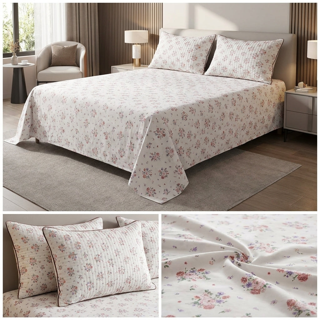 British Rose 100% Pure Cotton Bedsheet with Quilted Pillow Covers