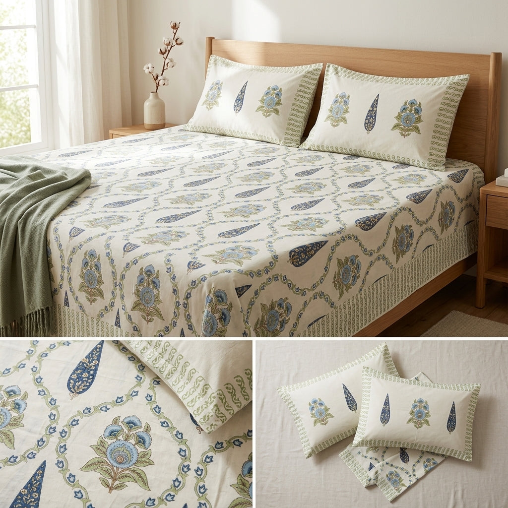 Percale 300 TC Jumbo King Size Cotton Bedsheet Set (120 × 120 Inches)