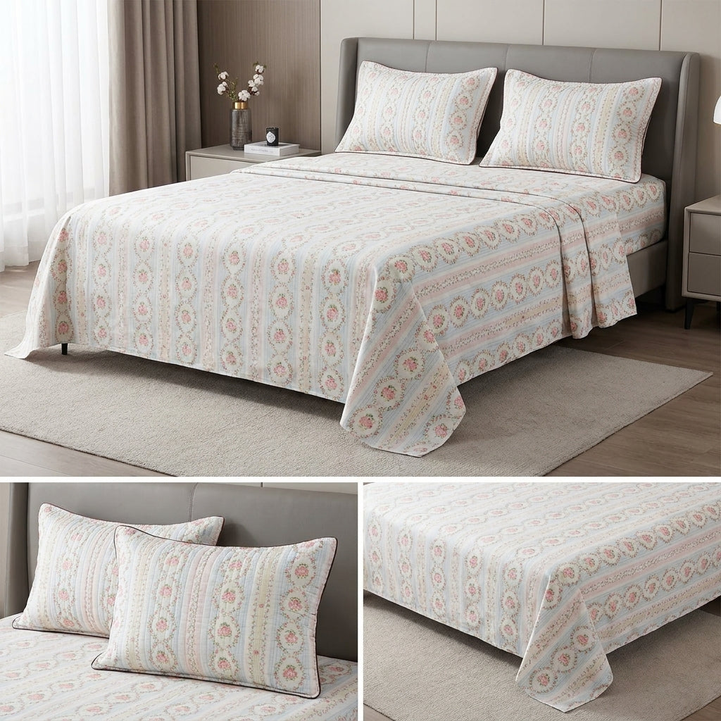 British Rose 100% Pure Cotton Bedsheet with Quilted Pillow Covers