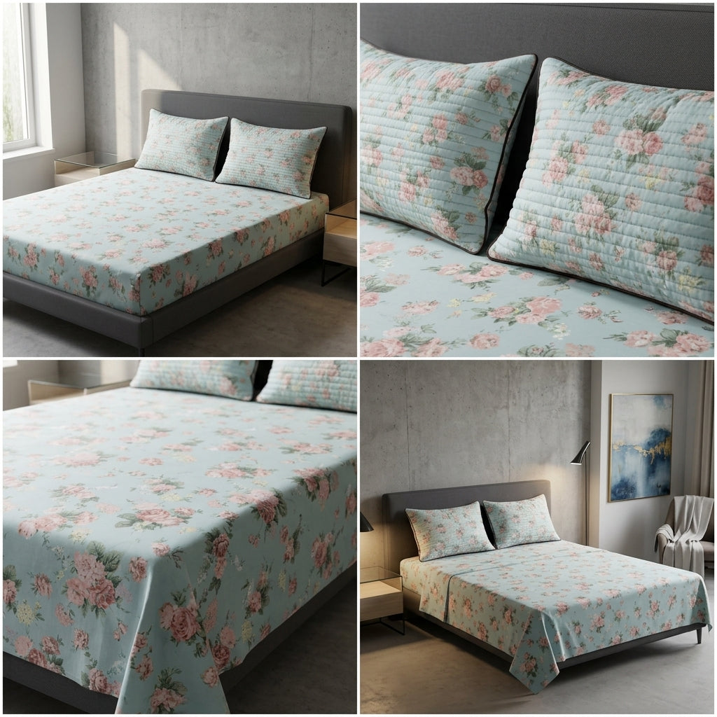 British Rose 100% Pure Cotton Bedsheet with Quilted Pillow Covers
