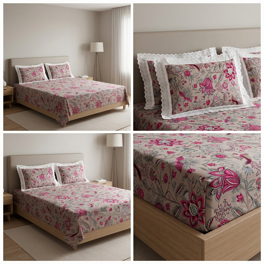 Floral King Size Bedsheet with Designer Lace Pillow Covers (108 x 108 Inches) Product Code:- 55B1099001250KEH