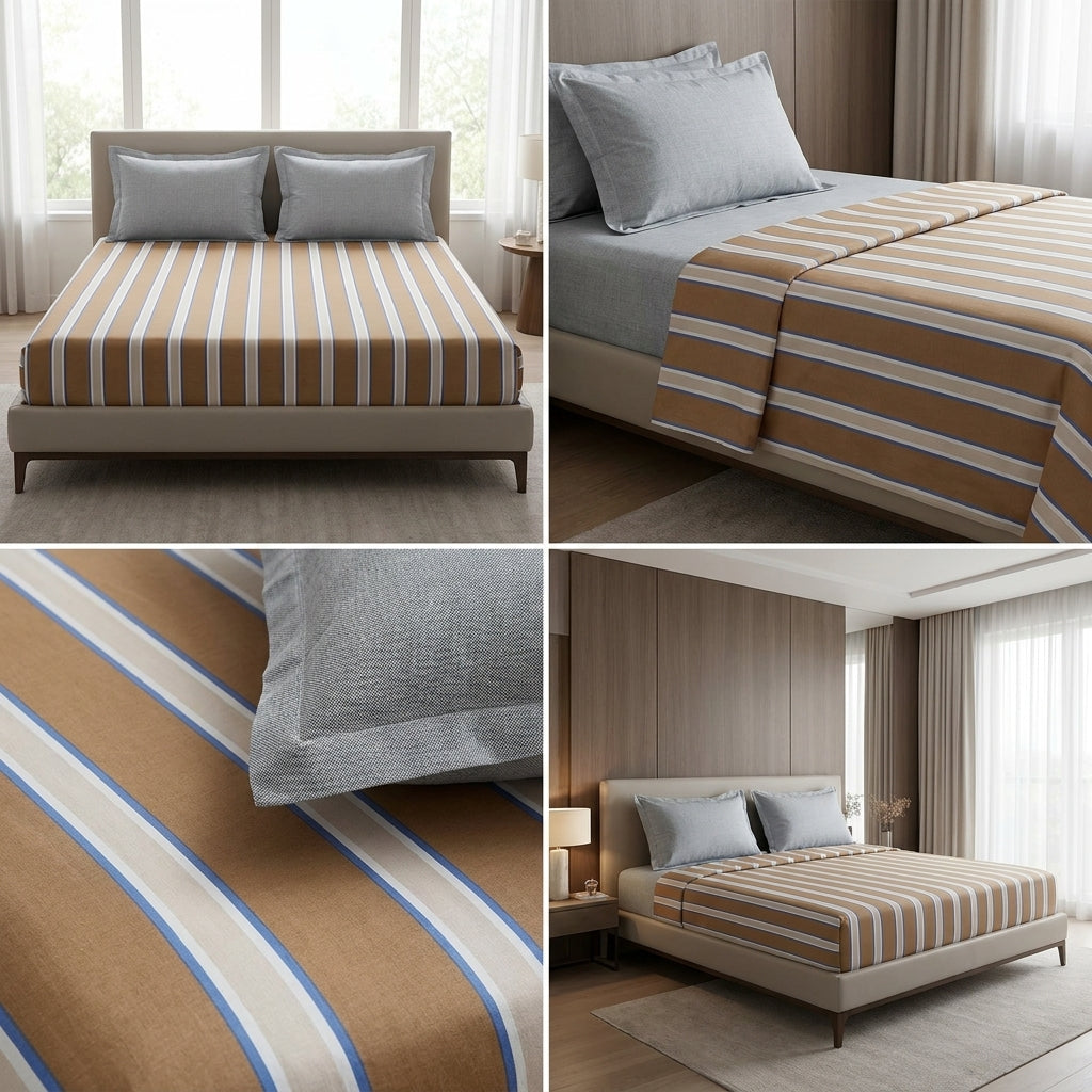 100% Pure Cotton Super King Size Bedsheet with 2 Pillow Covers – Premium Luxury Stripe Design (108 x 108 Inches)
