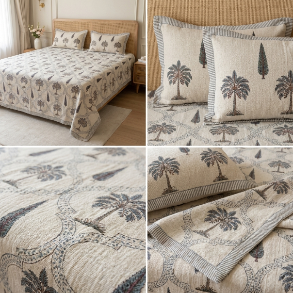 Khadi / Slub Cotton King Size Bedcover Set (with 2 Pillow Covers)