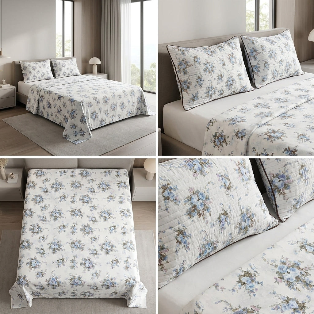 British Rose 100% Pure Cotton Bedsheet with Quilted Pillow Covers