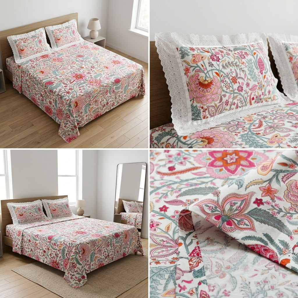 Floral King Size Bedsheet with Designer Lace Pillow Covers (108 x 108 Inches) Product Code:- 55B1099001250KEH