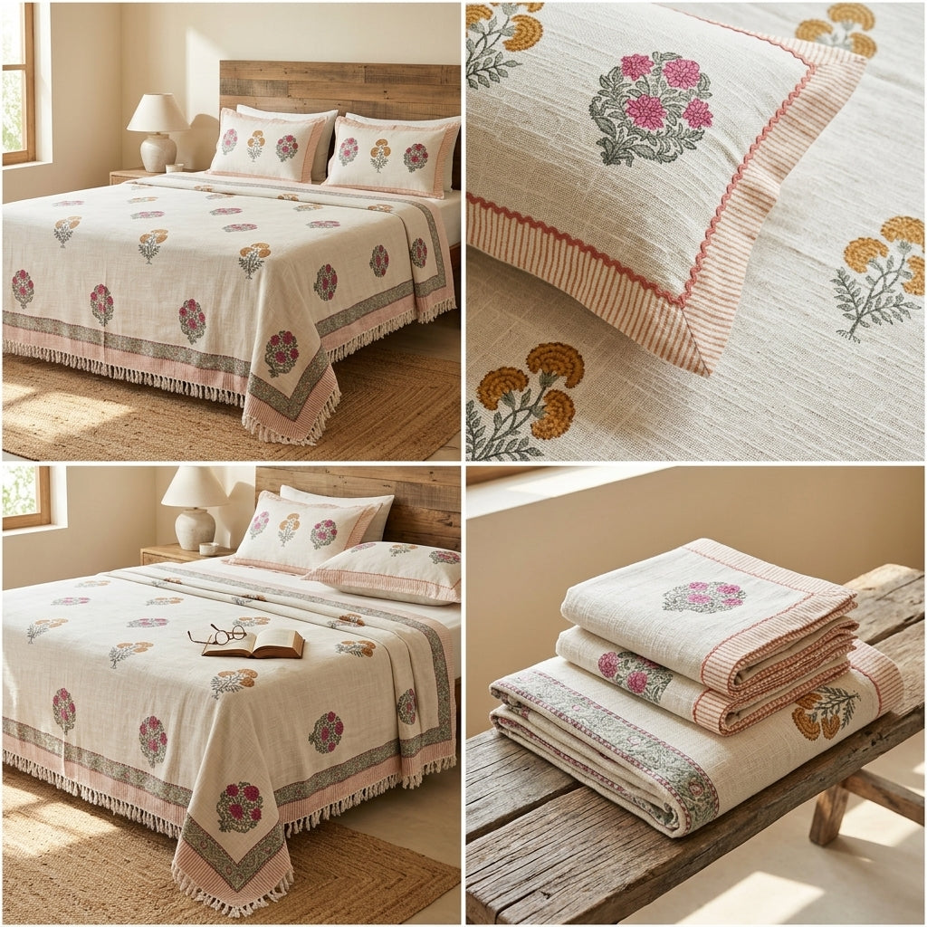 Khadi Cotton Bedcover with Tassels – King Size (100 × 108 Inches)