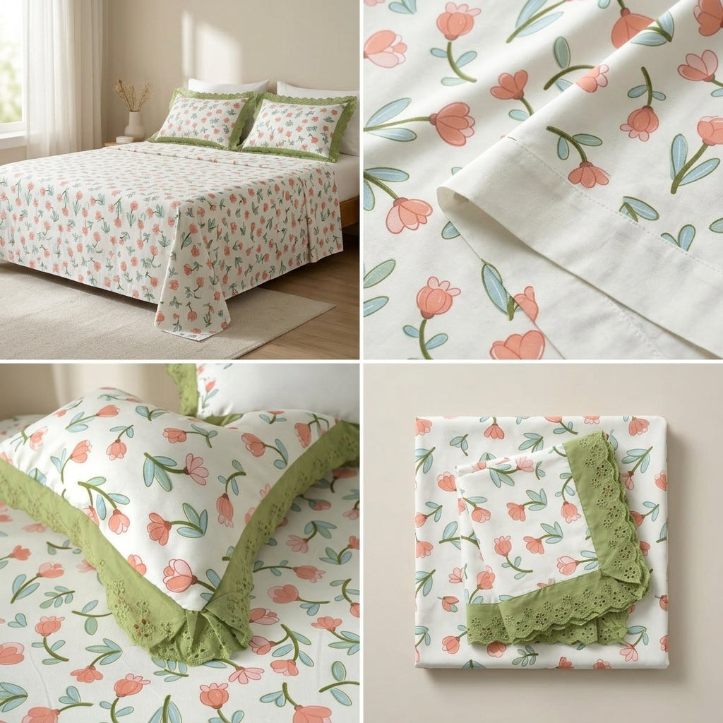 Thick Cotton Bedsheet With Chicken Lace Pillow Covers 108 -108 inch
