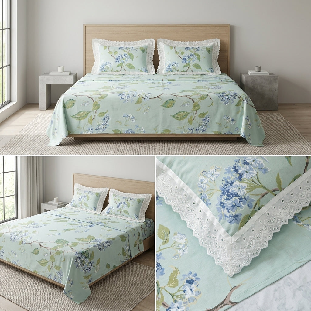 Floral King Size Bedsheet with Designer Lace Pillow Covers (108 x 108 Inches) Product Code:- 55B1099001250KEH