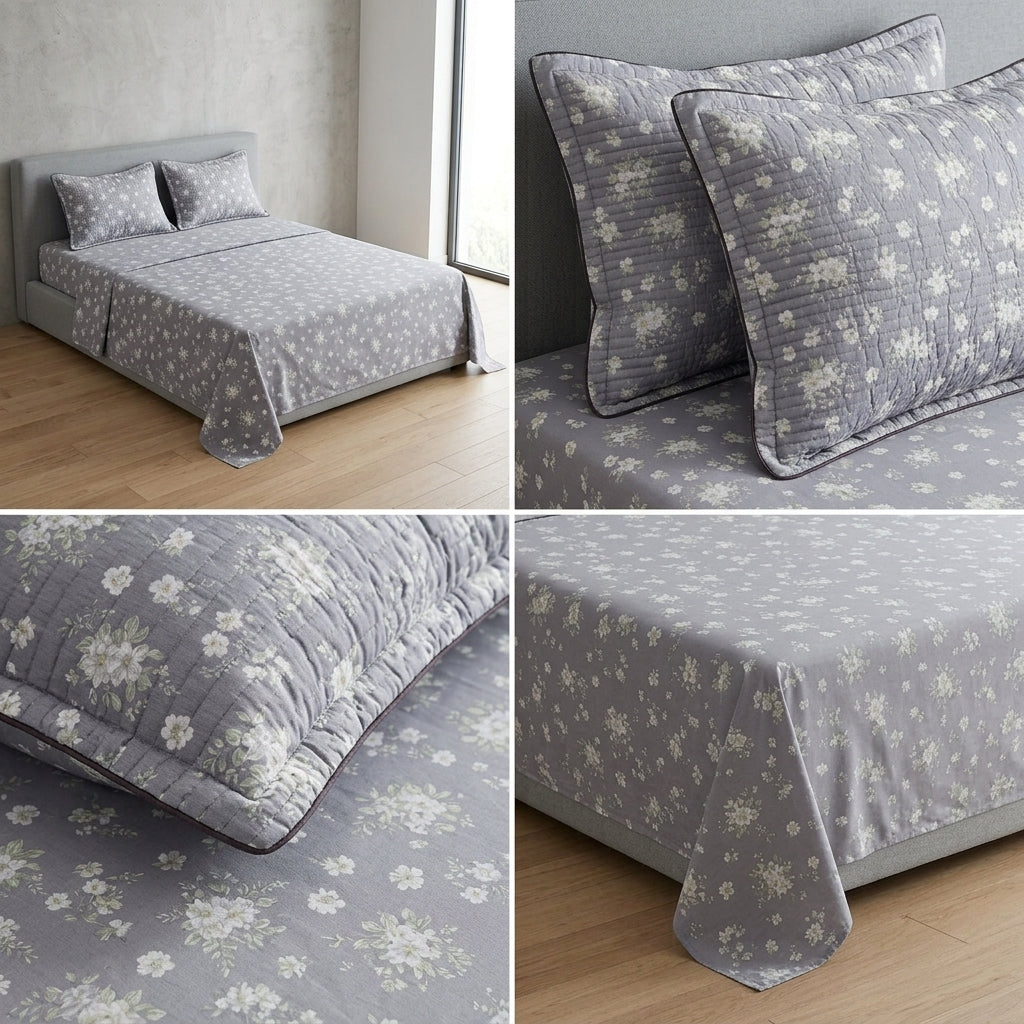 British Rose 100% Pure Cotton Bedsheet with Quilted Pillow Covers