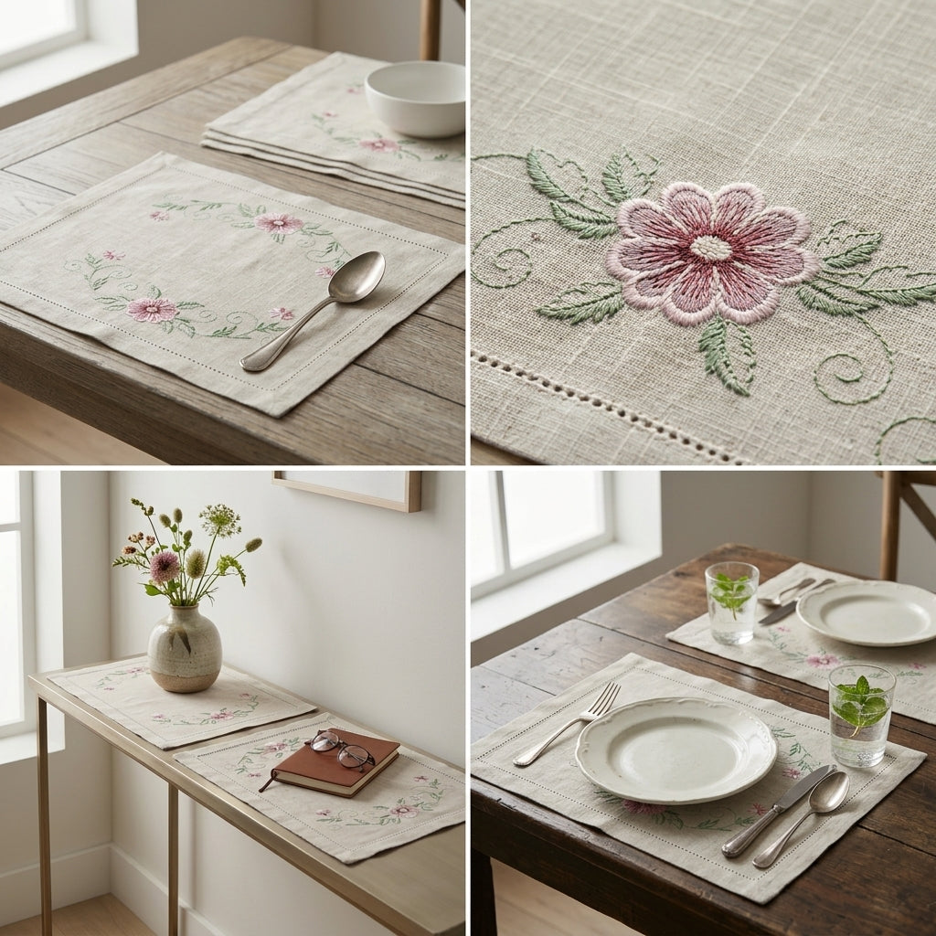 Luxury Embroidered Linen Table Mats – Set of 6
