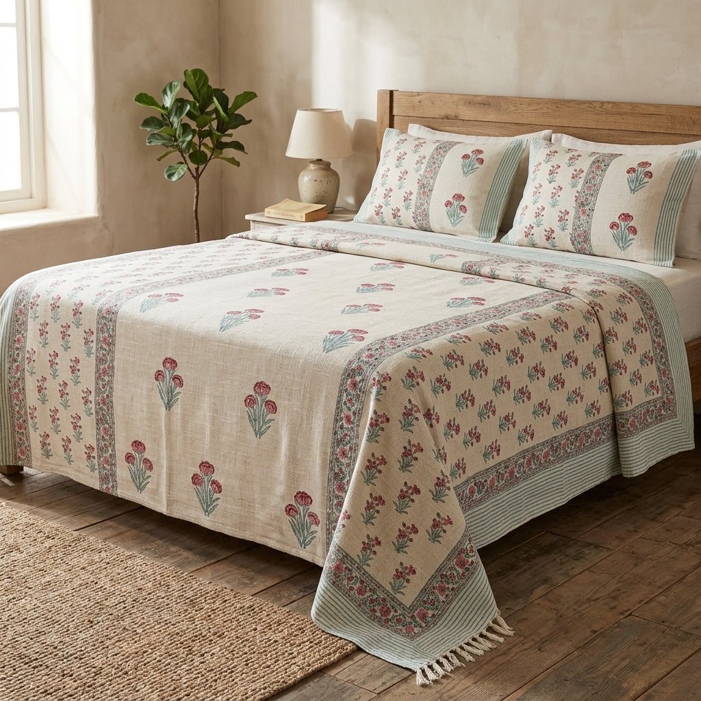 Khadi Cotton Bedcover with Tassels – King Size (100 × 108 Inches)