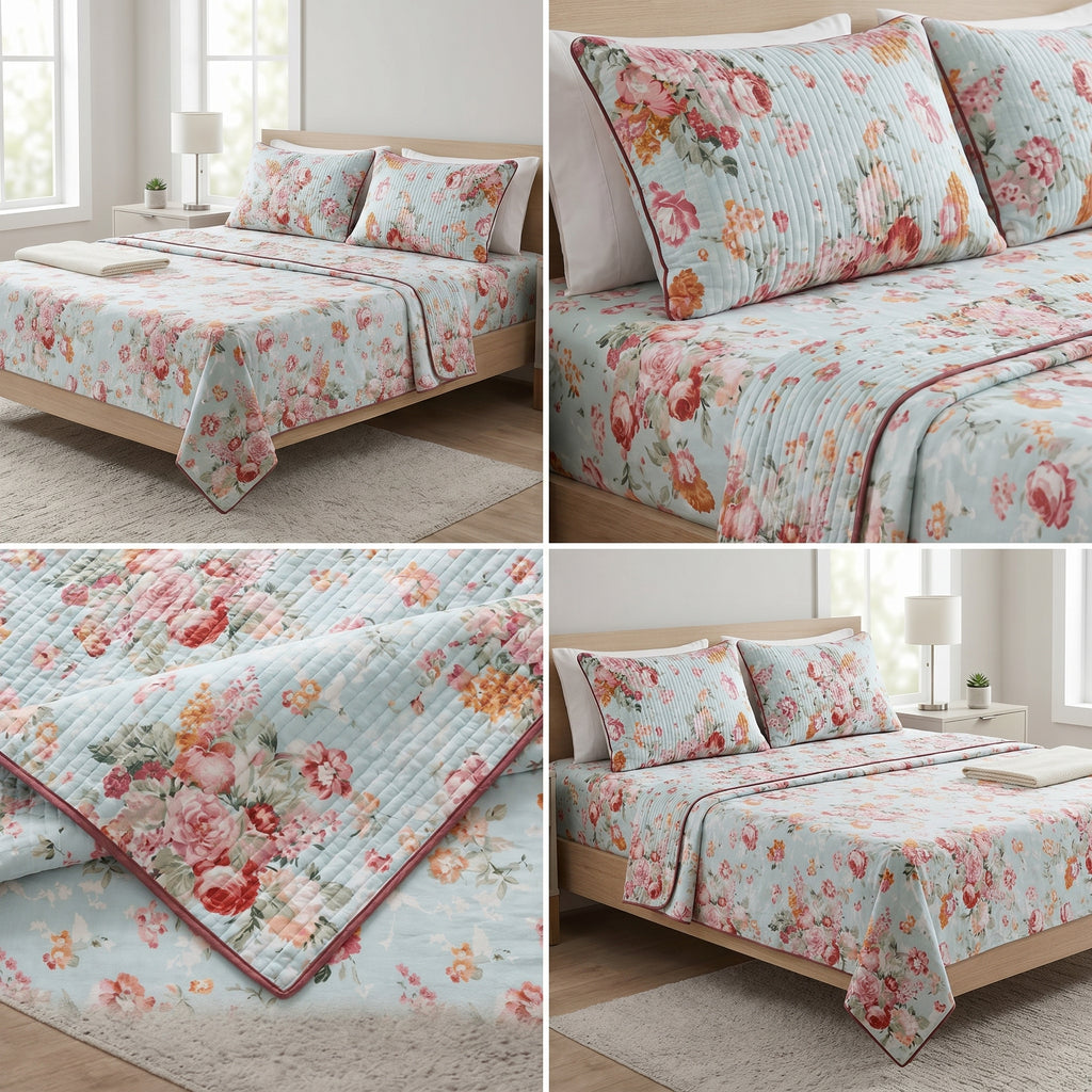 British Rose Bedsheet with Quilted Pillow Covers – Super King Size