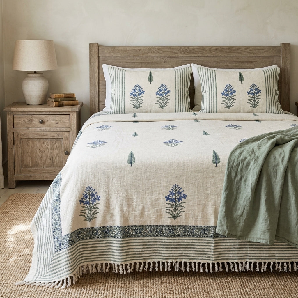 Khadi Cotton Bedcover with Tassels – King Size (100 × 108 Inches)