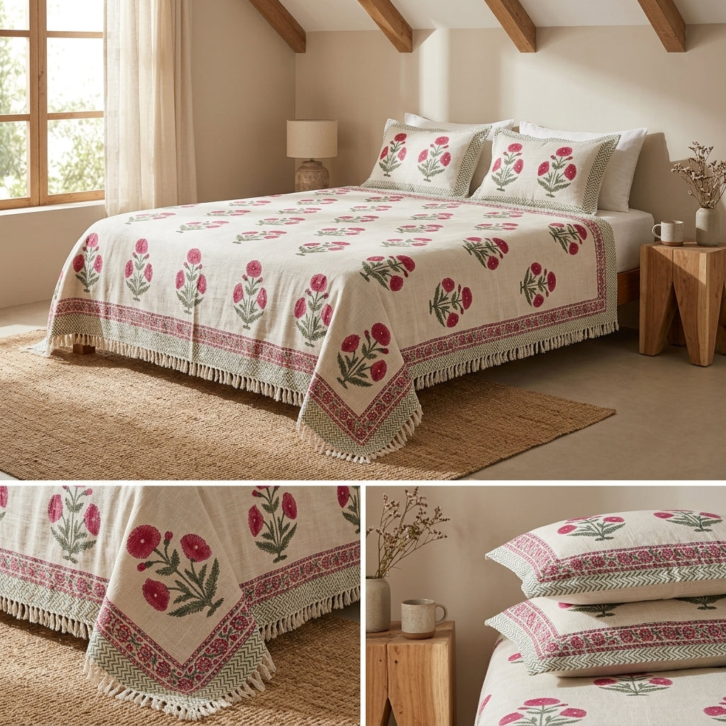 Khadi Cotton Bedcover with Tassels – King Size (100 × 108 Inches)