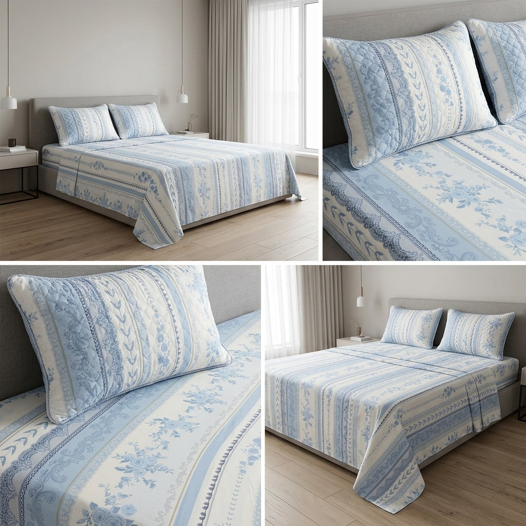 British Rose 100% Pure Cotton Bedsheet with Quilted Pillow Covers