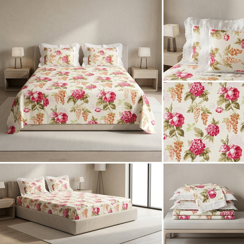 Floral King Size Bedsheet with Designer Lace Pillow Covers (108 x 108 Inches) Product Code:- 55B1099001250KEH