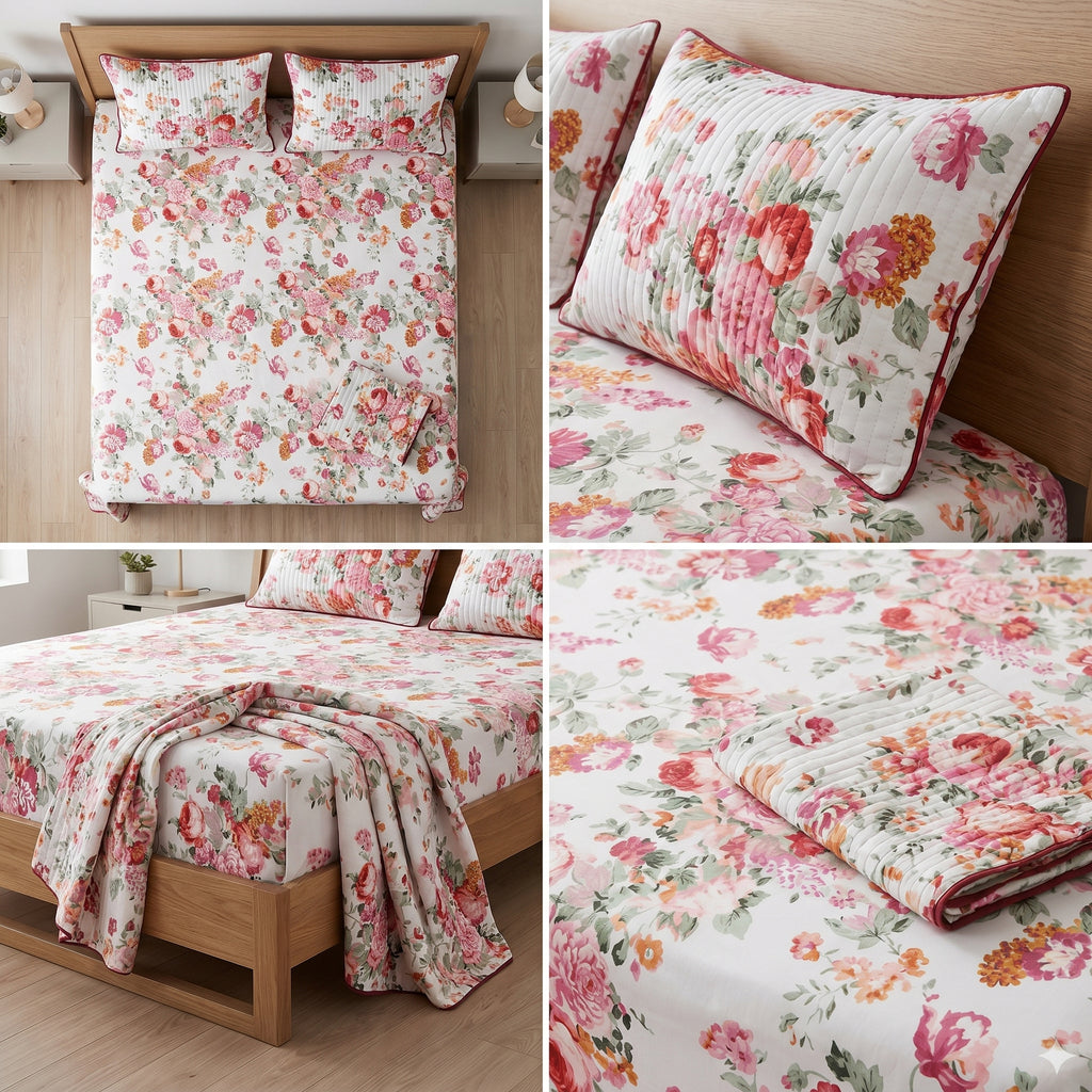 British Rose Bedsheet with Quilted Pillow Covers – Super King Size