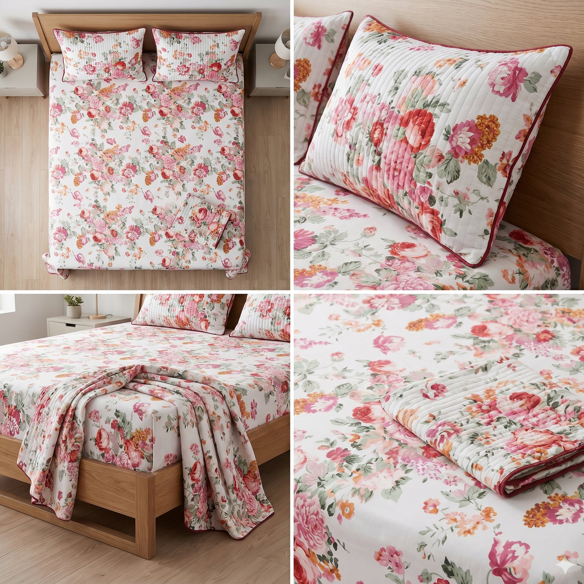 British Rose Bedsheet with Quilted Pillow Covers – Super King Size