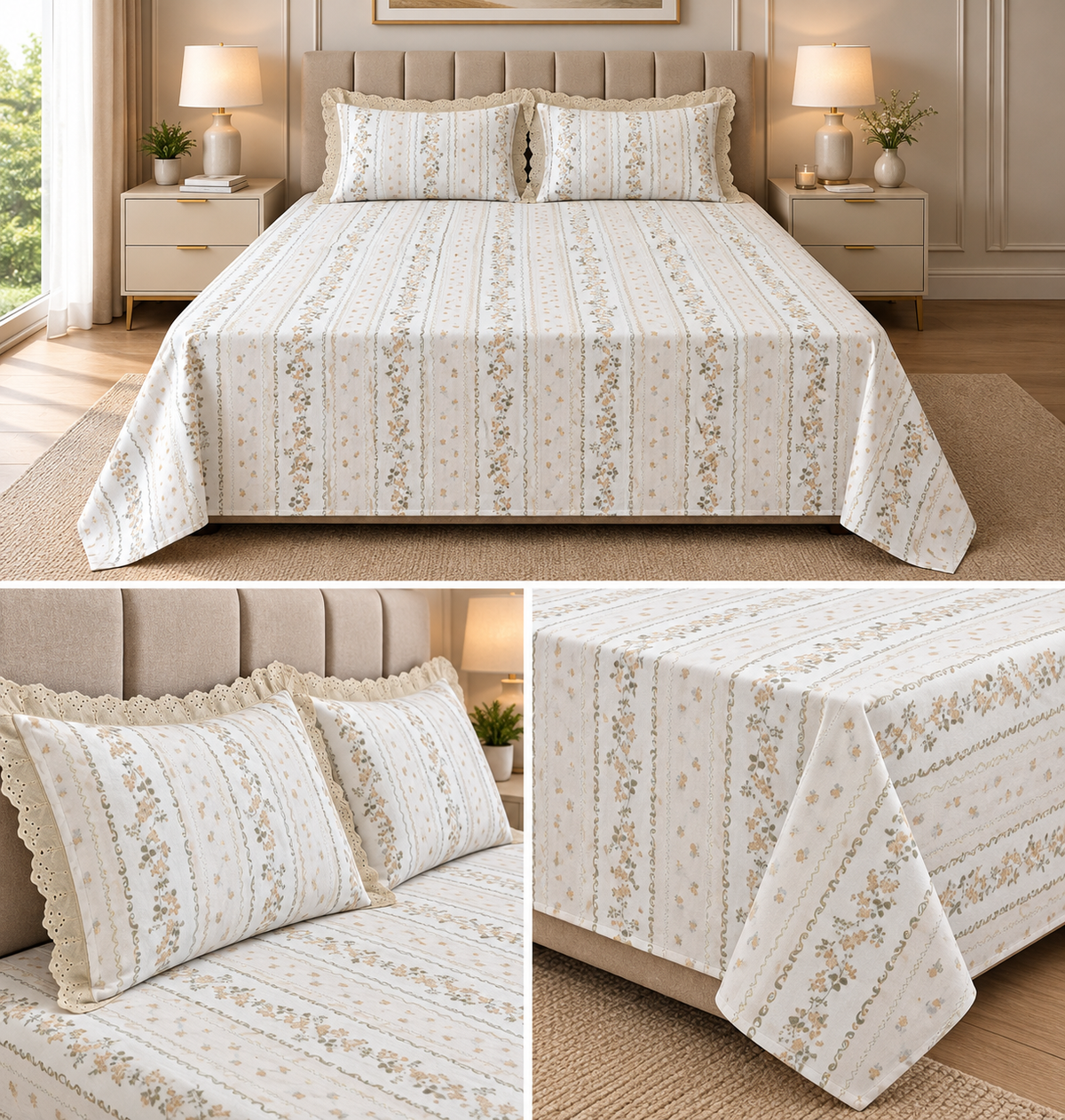 English Garden Cotton Floral Bedsheet Set – King Size 3 Pcs