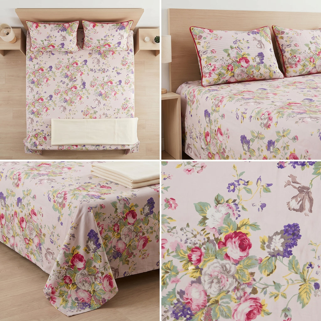British Rose Bedsheet with Quilted Pillow Covers – Super King Size
