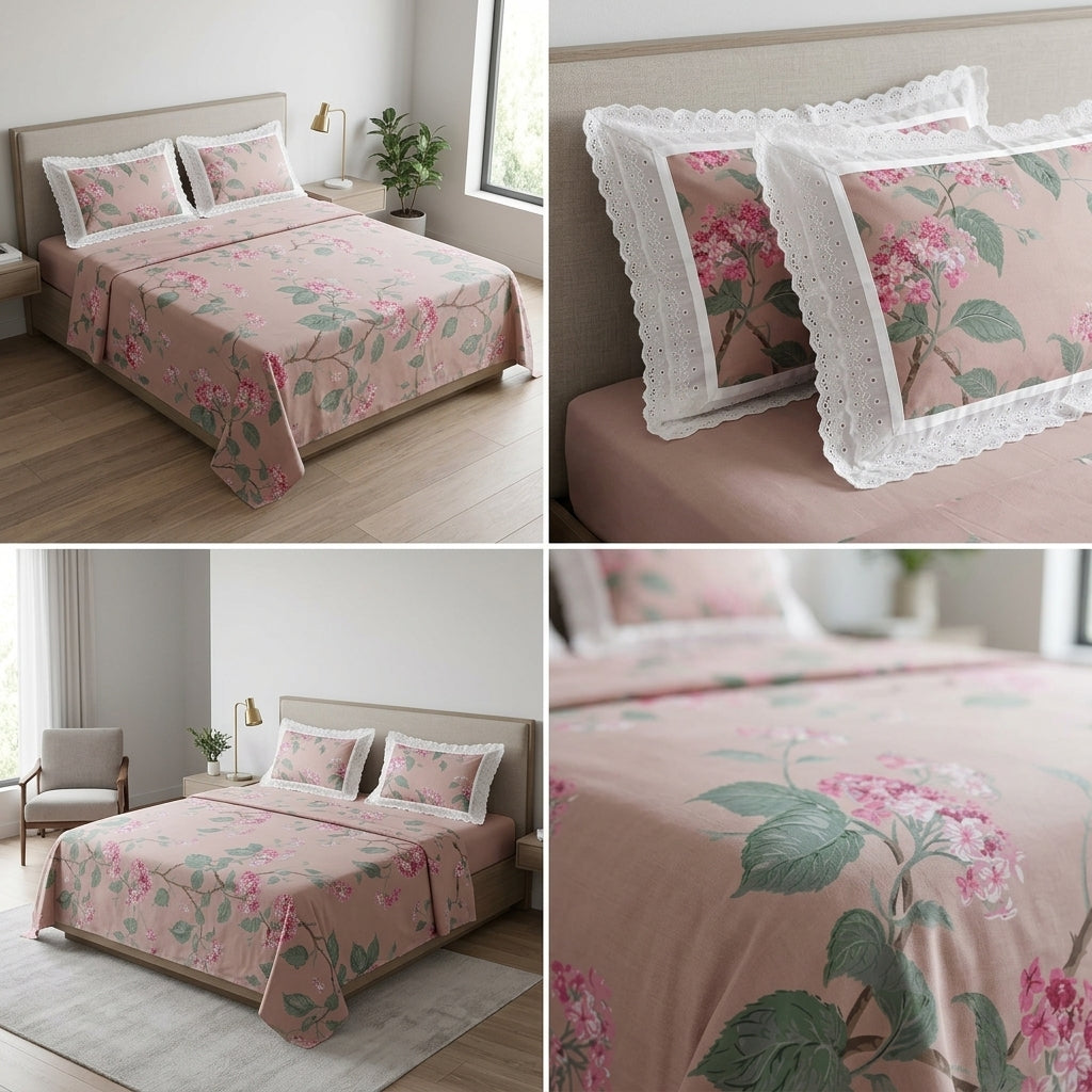 Floral King Size Bedsheet with Designer Lace Pillow Covers (108 x 108 Inches) Product Code:- 55B1099001250KEH