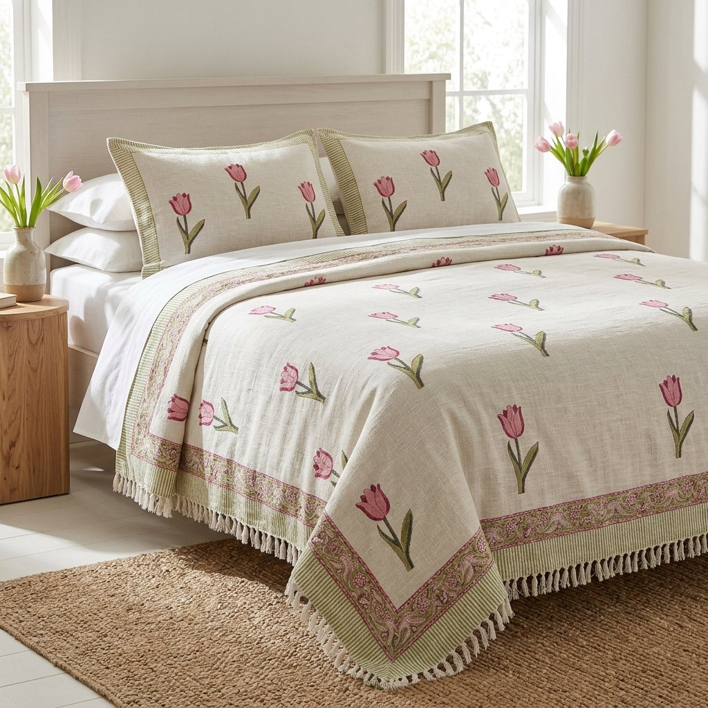 Khadi Cotton Bedcover with Tassels – King Size (100 × 108 Inches)