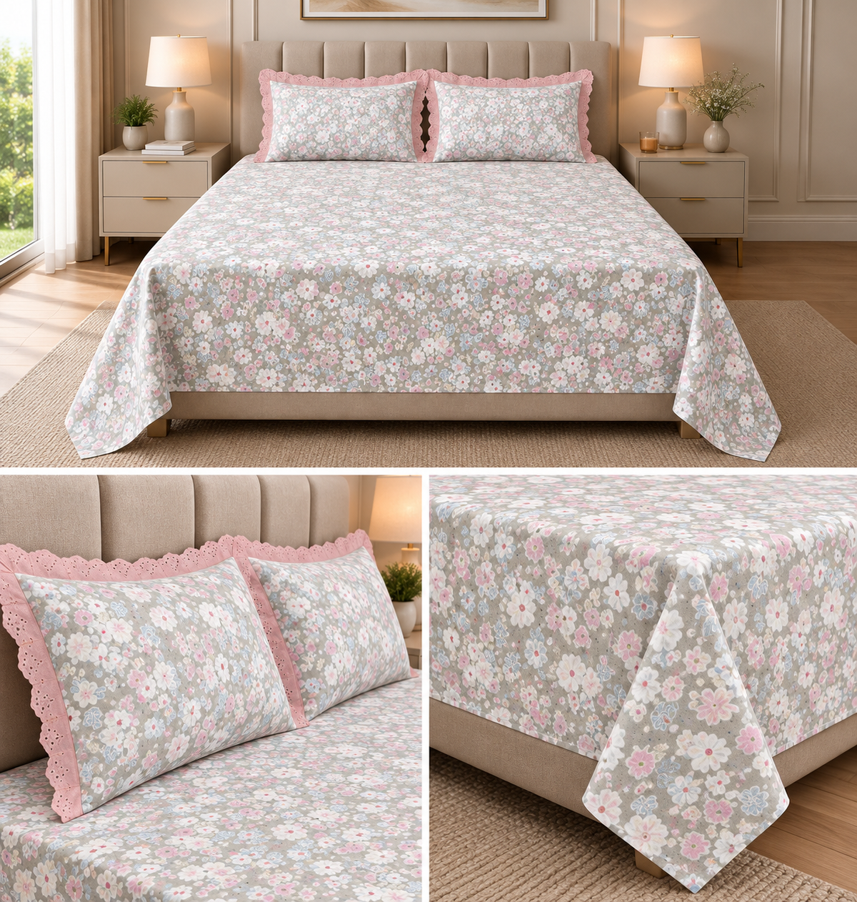 English Garden Cotton Floral Bedsheet Set – King Size 3 Pcs