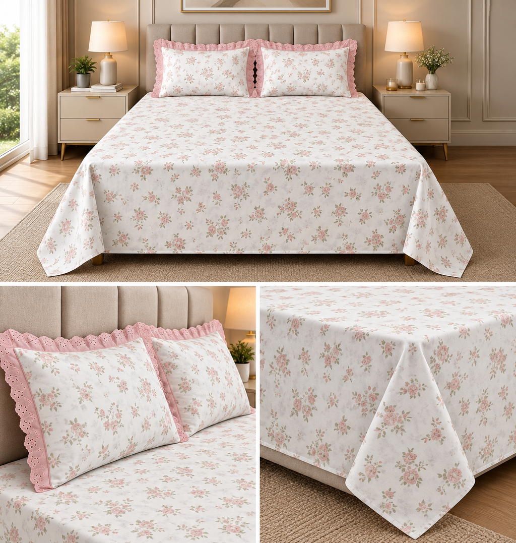 English Garden Cotton Floral Bedsheet Set – King Size 3 Pcs