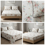 British Rose 100% Pure Cotton Bedsheet with Quilted Pillow Covers