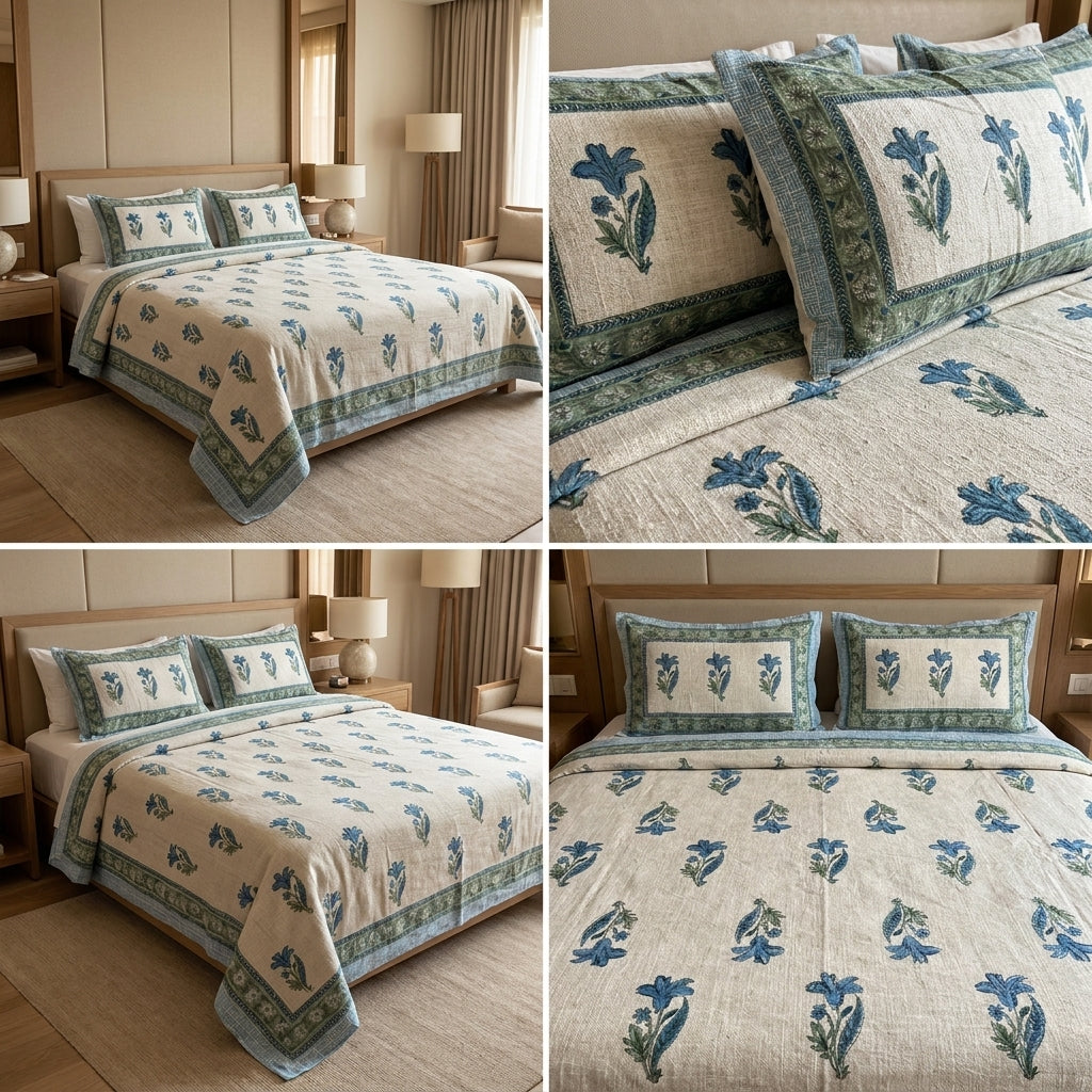 Khadi / Slub Cotton King Size Bedcover Set (with 2 Pillow Covers)