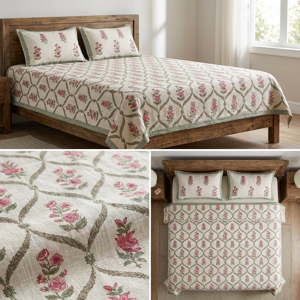 Khadi / Slub Cotton King Size Bedcover Set (with 2 Pillow Covers)