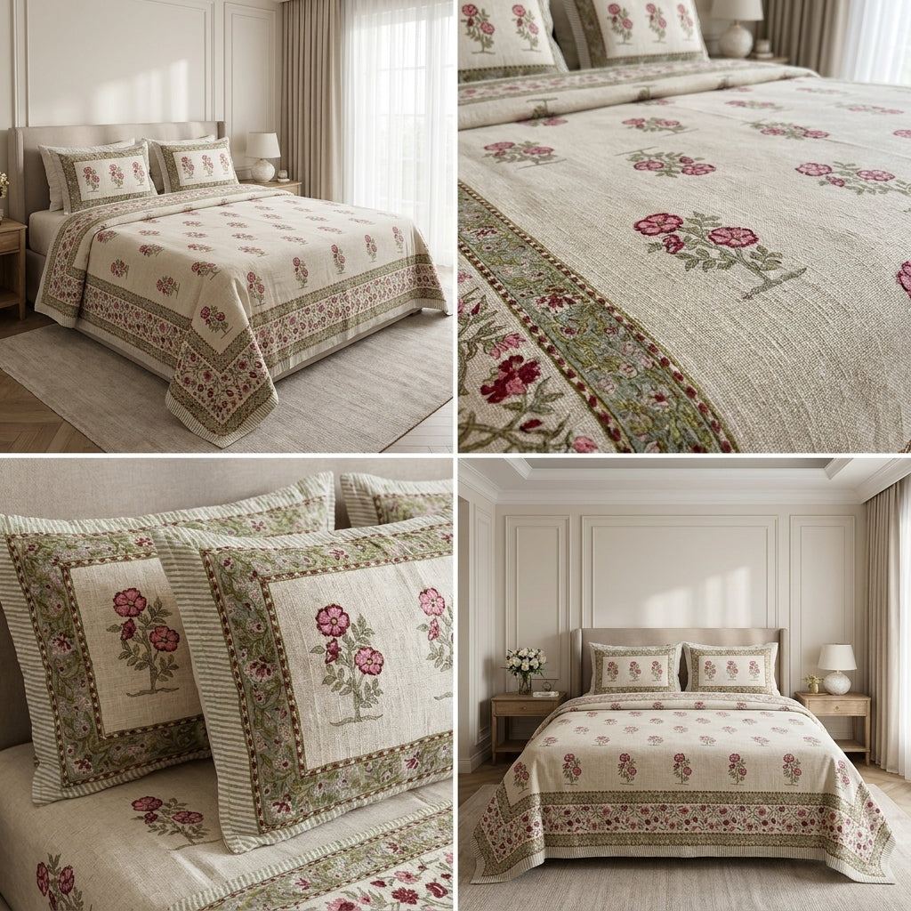 Khadi / Slub Cotton King Size Bedcover Set (with 2 Pillow Covers)