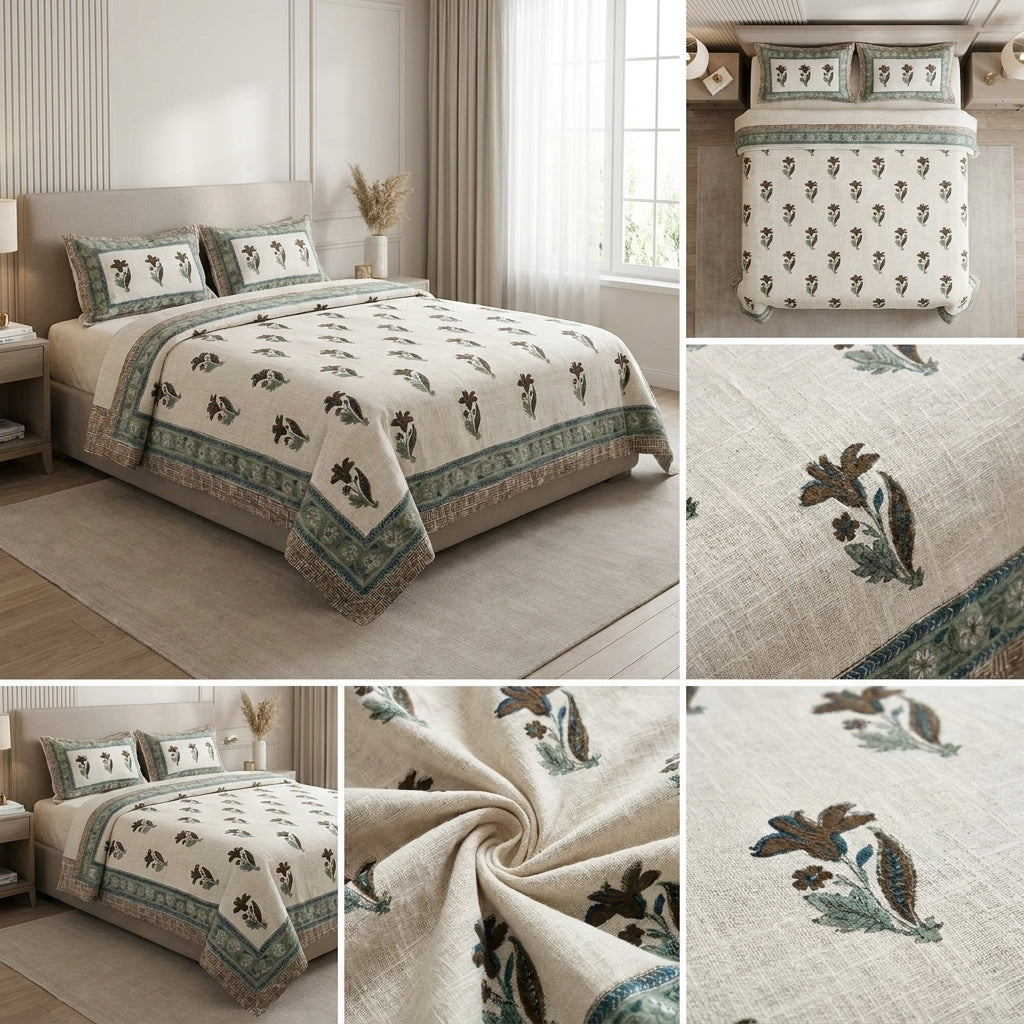 Khadi / Slub Cotton King Size Bedcover Set (with 2 Pillow Covers)