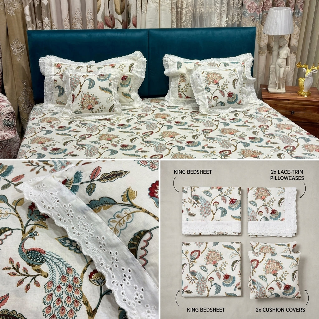 ✨  5 Piece King Size Bedsheet Set with Filled Cushions ✨