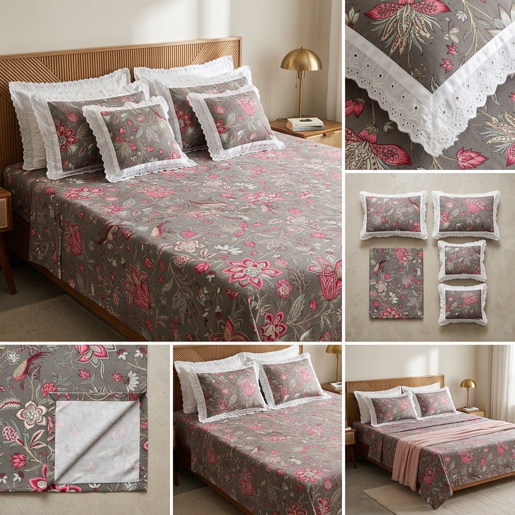 ✨  5 Piece King Size Bedsheet Set with Filled Cushions ✨
