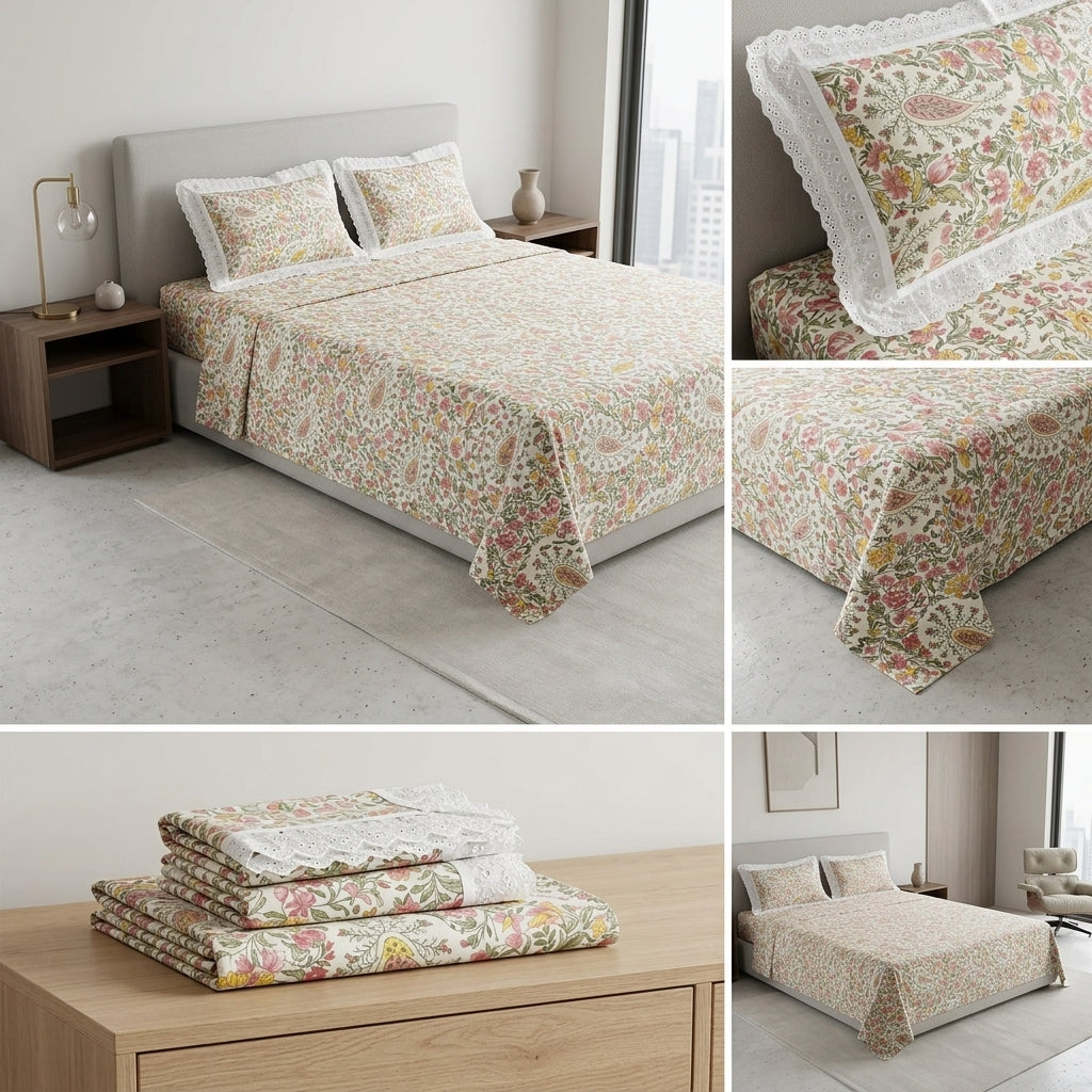 Floral King Size Bedsheet with Designer Lace Pillow Covers (108 x 108 Inches) Product Code:- 55B1099001250KEH