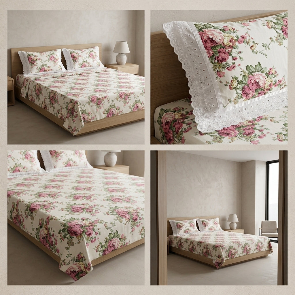 Floral King Size Bedsheet with Designer Lace Pillow Covers (108 x 108 Inches) Product Code:- 55B1099001250KEH