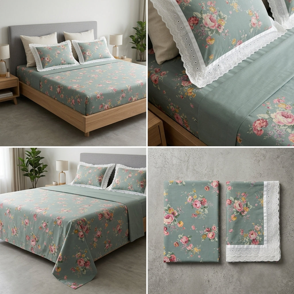 Floral King Size Bedsheet with Designer Lace Pillow Covers (108 x 108 Inches) Product Code:- 55B1150RKEH