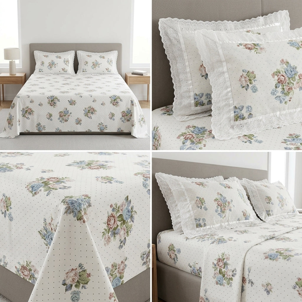 Floral King Size Bedsheet with Designer Lace Pillow Covers (108 x 108 Inches) Product Code:- 55B1099001250KEH