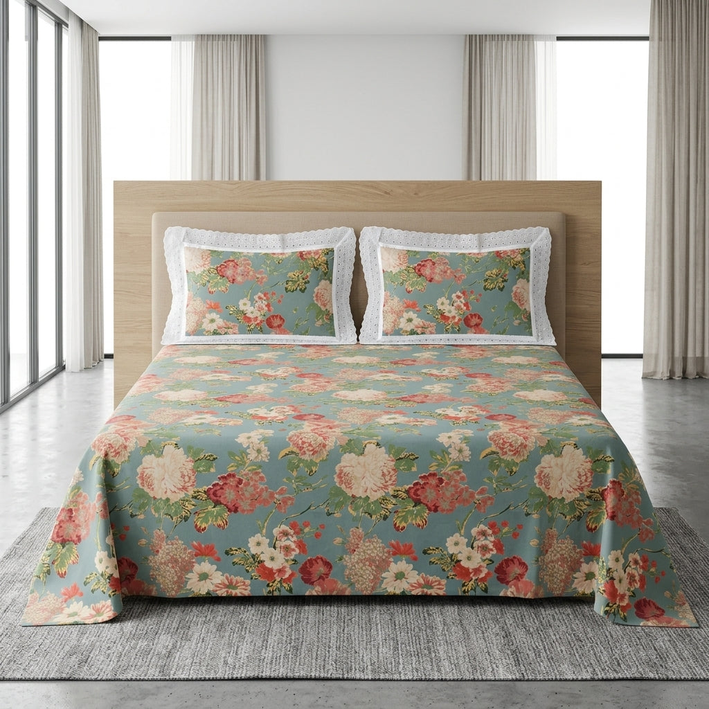 Floral King Size Bedsheet with Designer Lace Pillow Covers (108 x 108 Inches) Product Code:- 55B1099001250KEH
