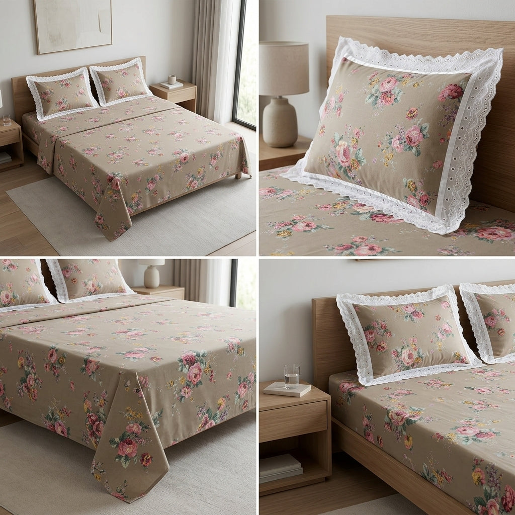 Floral King Size Bedsheet with Designer Lace Pillow Covers (108 x 108 Inches) Product Code:- 55B1099001250KEH