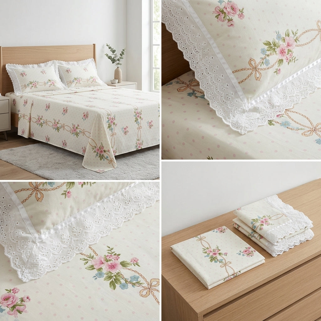 Floral King Size Bedsheet with Designer Lace Pillow Covers (108 x 108 Inches) Product Code:- 55B1099001250KEH