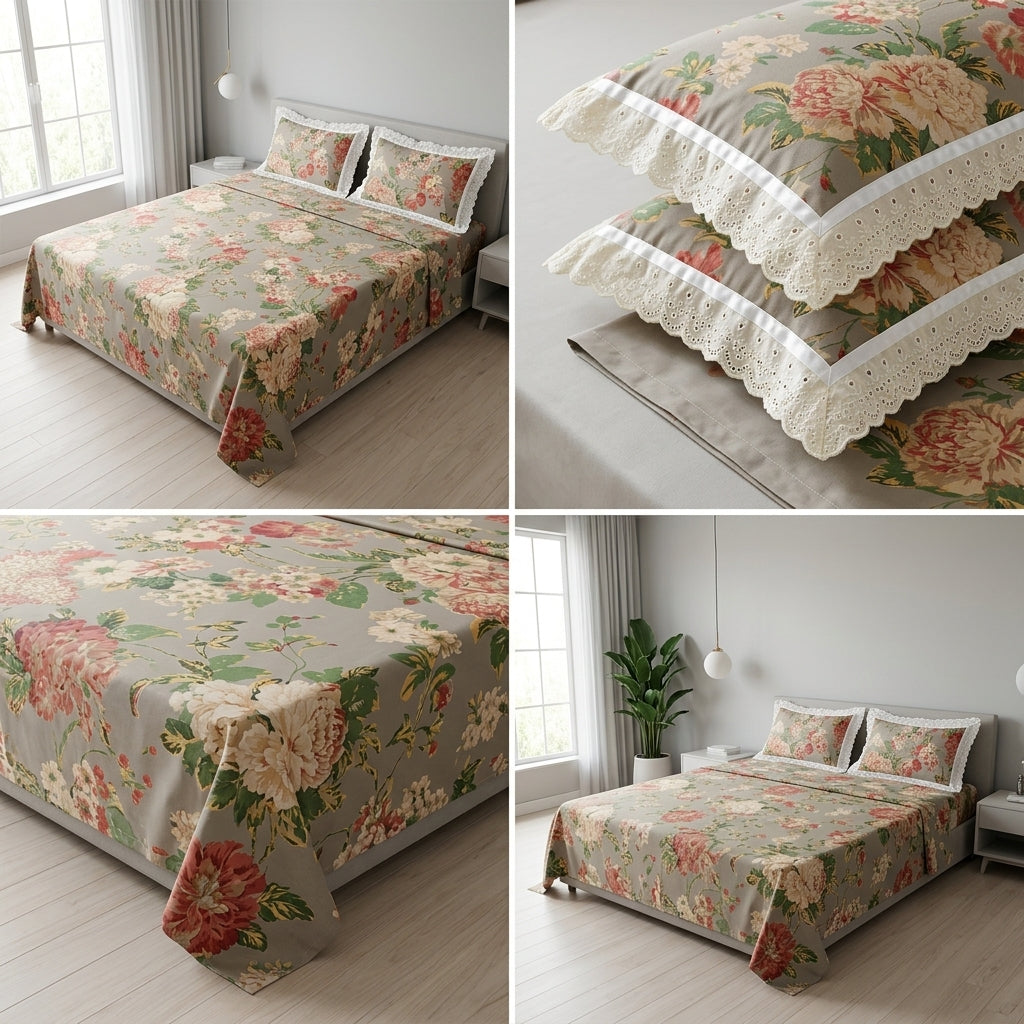 Floral King Size Bedsheet with Designer Lace Pillow Covers (108 x 108 Inches) Product Code:- 55B1099001250KEH