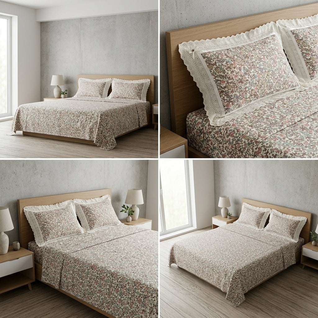 Floral King Size Bedsheet with Designer Lace Pillow Covers (108 x 108 Inches) Product Code:- 55B1099001250KEH