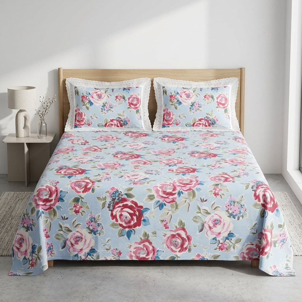 Floral King Size Bedsheet with Designer Lace Pillow Covers (108 x 108 Inches) Product Code:- 55B1099001250KEH