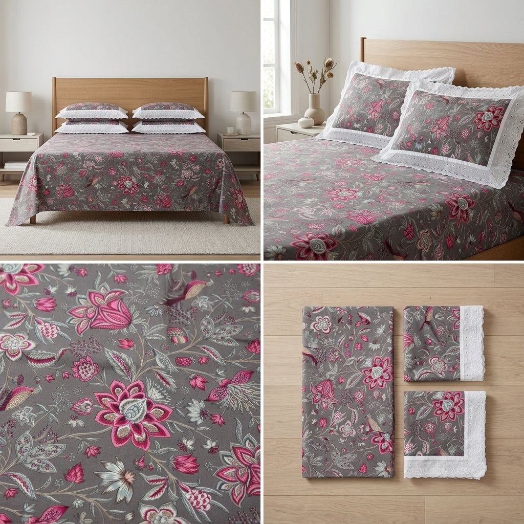 Floral King Size Bedsheet with Designer Lace Pillow Covers (108 x 108 Inches) Product Code:- 55B1099001250KEH