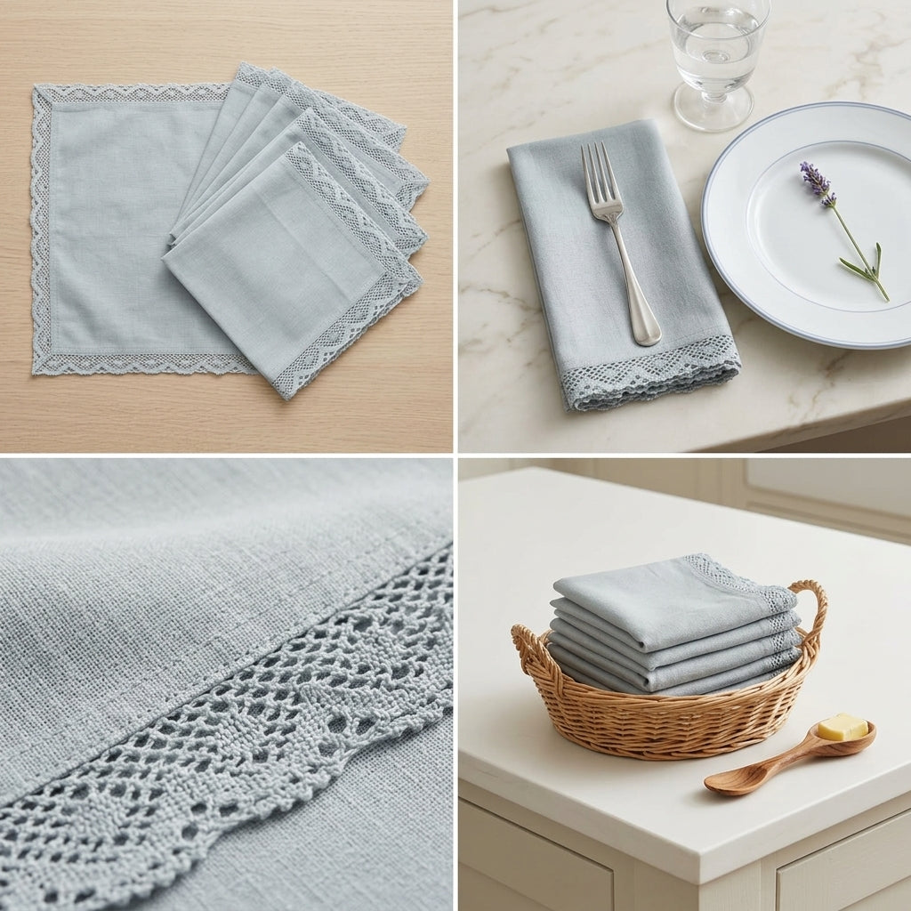 Designer 6-Piece Kitchen Napkin Set | Soft Cotton Dining Napkins with Elegant Lace Border