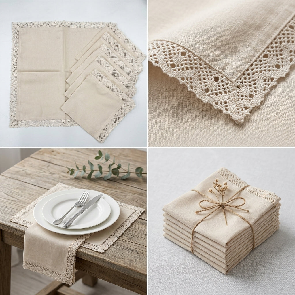 Designer 6-Piece Kitchen Napkin Set | Soft Cotton Dining Napkins with Elegant Lace Border