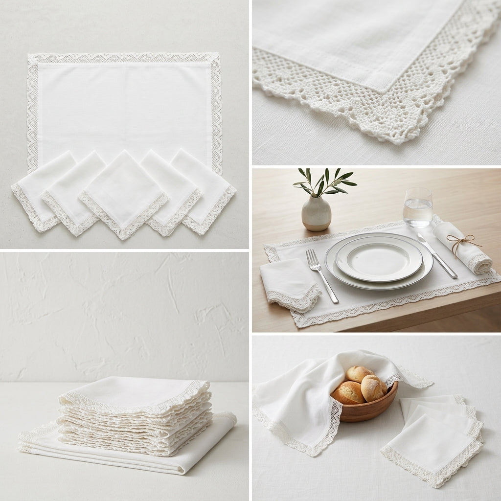 Designer 6-Piece Kitchen Napkin Set | Soft Cotton Dining Napkins with Elegant Lace Border