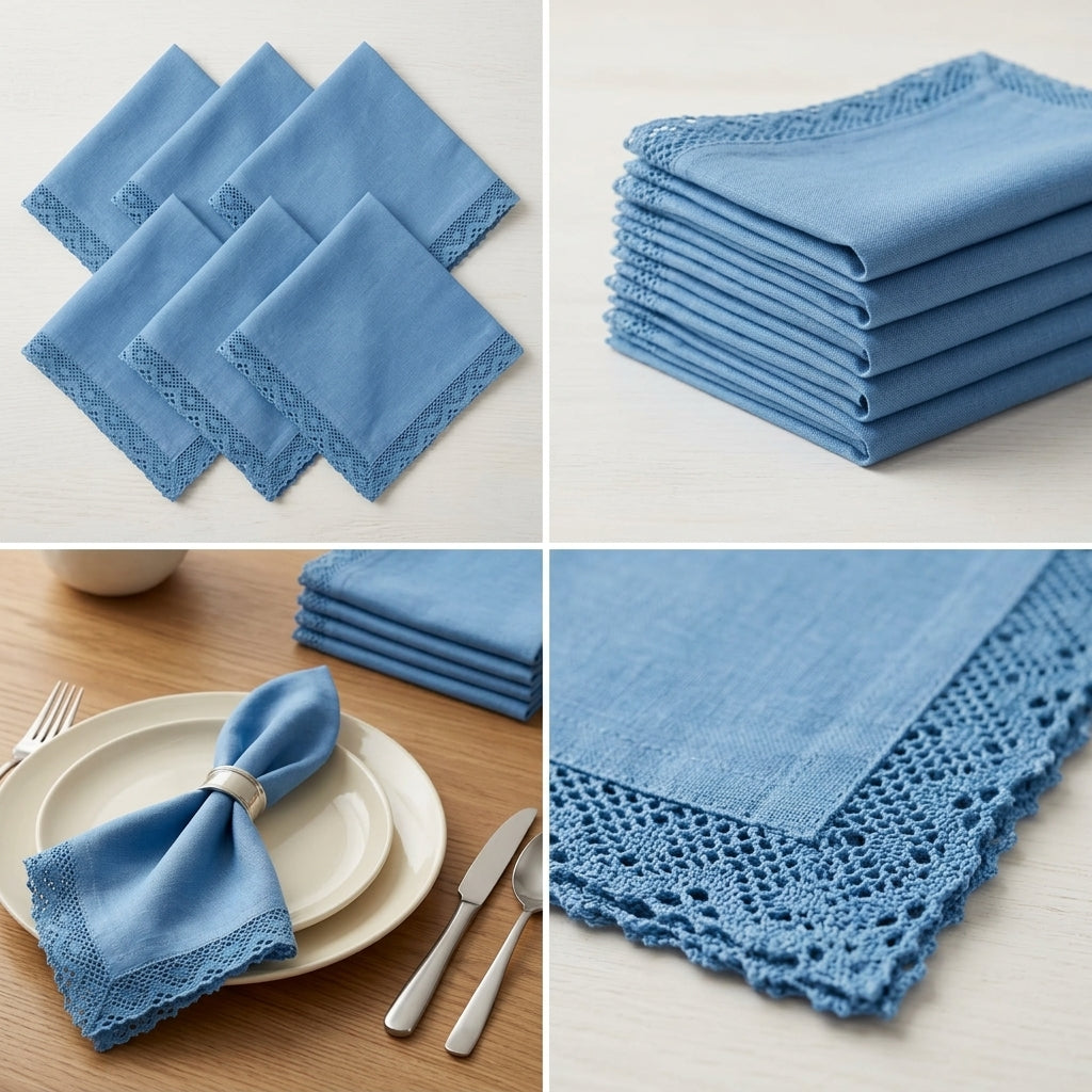 Designer 6-Piece Kitchen Napkin Set | Soft Cotton Dining Napkins with Elegant Lace Border